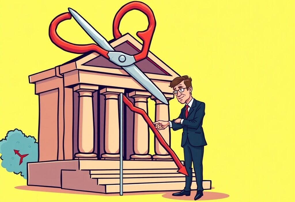 A cartoon showing a Fed official indicating no Fed rate cut, symbolizing economic policy decisions impacting financial markets.