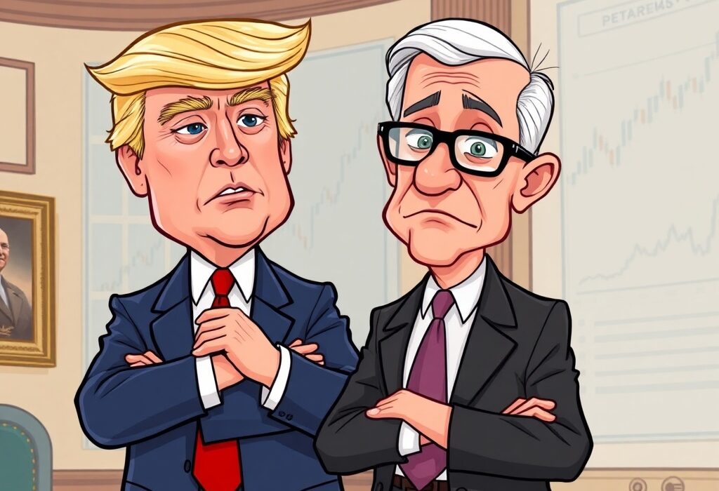 Cartoon illustration depicting Donald Trump and Jerome Powell discussing a potential Fed Rate Cut, signaling economic shifts.