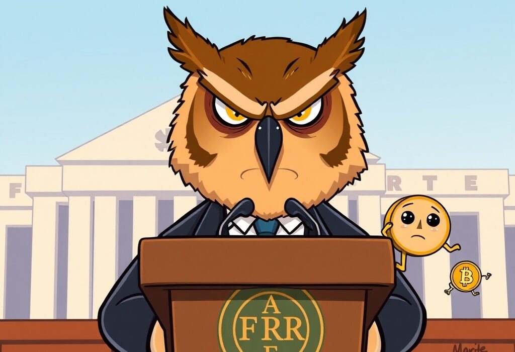 A cartoon illustration showing a Federal Reserve official making a decision, symbolizing the non-imminent Fed rate cut and its economic implications.