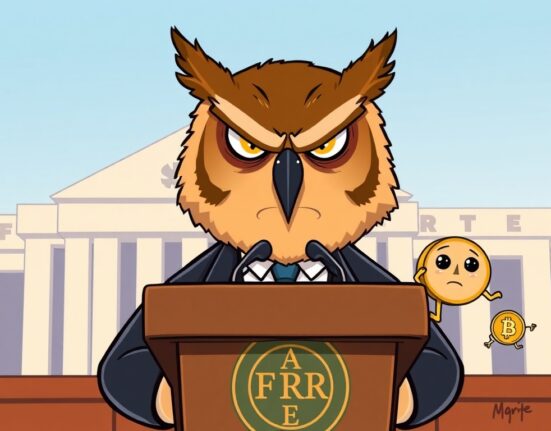 A cartoon illustration showing a Federal Reserve official making a decision, symbolizing the non-imminent Fed rate cut and its economic implications.