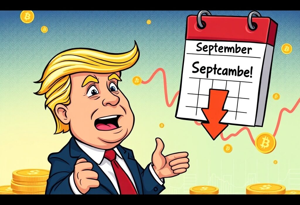 Cartoon illustration showing Donald Trump hinting at a September Fed rate cut and its potential market impact.