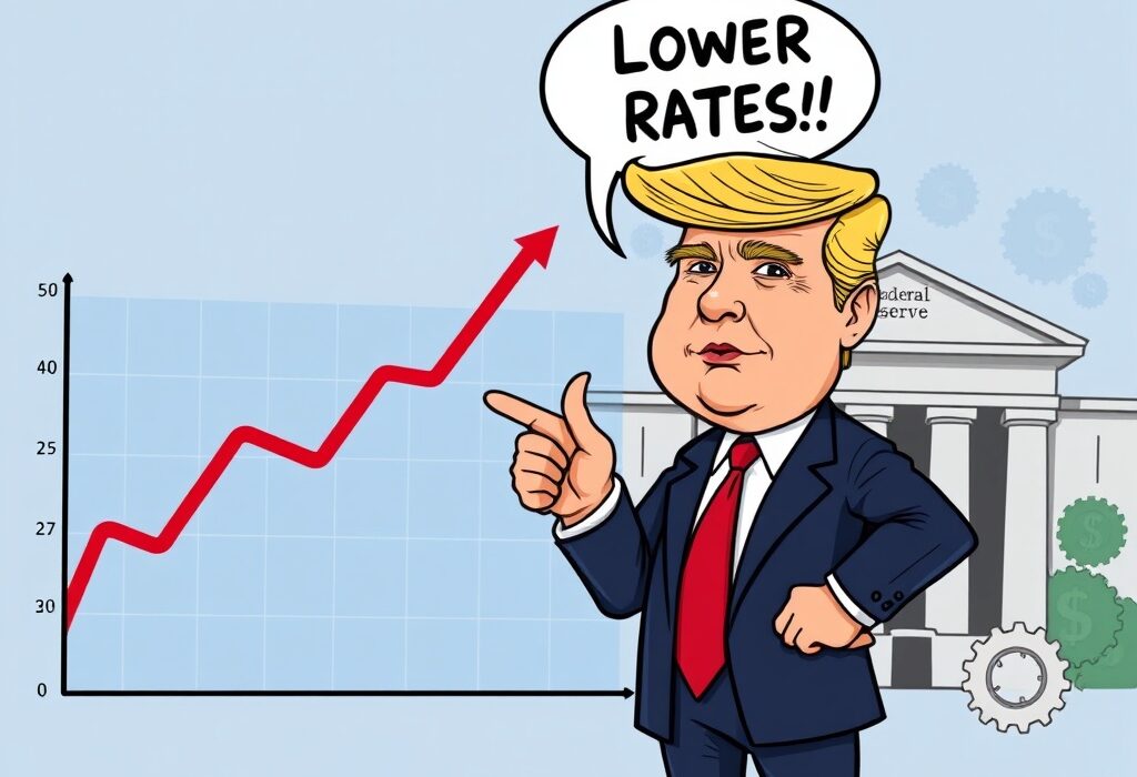 Cartoon illustration of Donald Trump advocating for a Fed rate cut amidst strong economic growth.