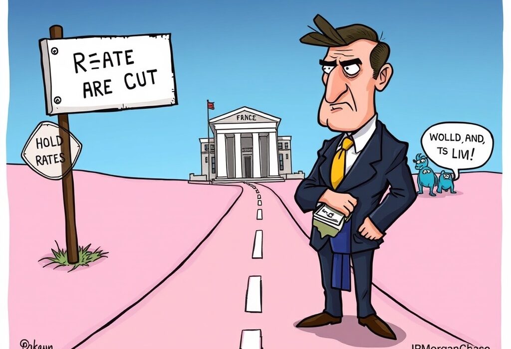 Cartoon illustrating the Federal Reserve's dilemma regarding a Fed rate cut, with JPMorganChase expressing skepticism about a September move.