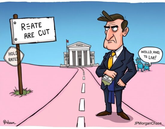 Cartoon illustrating the Federal Reserve's dilemma regarding a Fed rate cut, with JPMorganChase expressing skepticism about a September move.