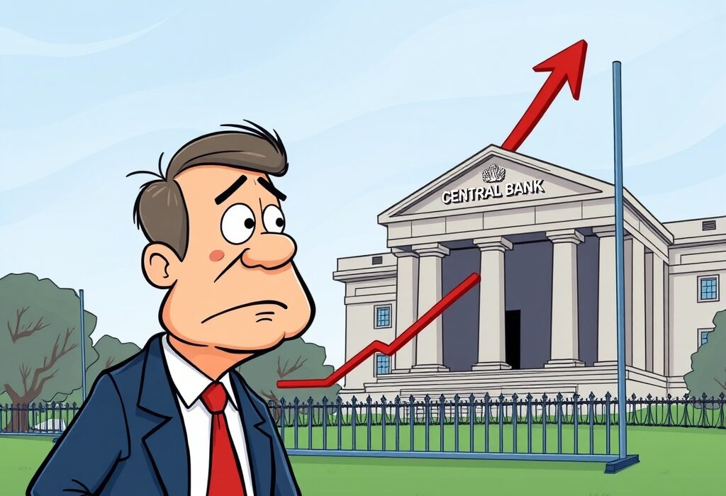 A cartoon illustration of an economist observing rising inflation, signaling no immediate Fed rate cut.
