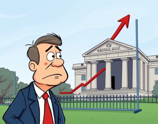 A cartoon illustration of an economist observing rising inflation, signaling no immediate Fed rate cut.
