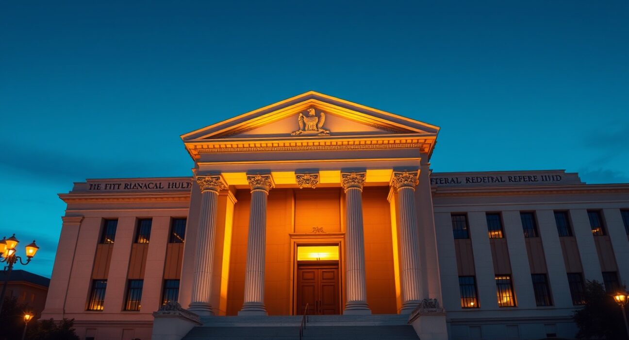 The Federal Reserve building in Washington D.C., representing the central bank's latest monetary policy decisions on rate cuts and inflation forecasts.