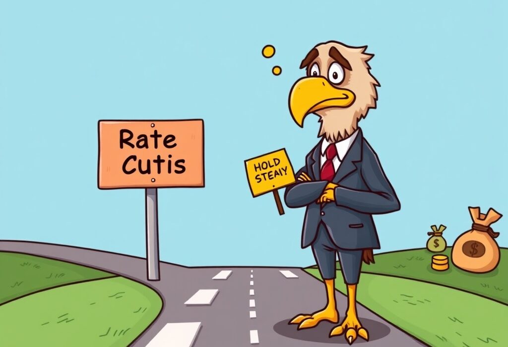 Cartoon showing a cautious Federal Reserve official signaling prudence on Fed rate cuts, highlighting economic uncertainty and a delayed timeline.