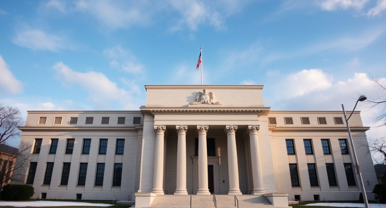 Exterior view of the Federal Reserve Building in Washington, D.C., on a partly cloudy day.