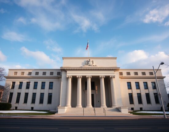 Exterior view of the Federal Reserve Building in Washington, D.C., on a partly cloudy day.