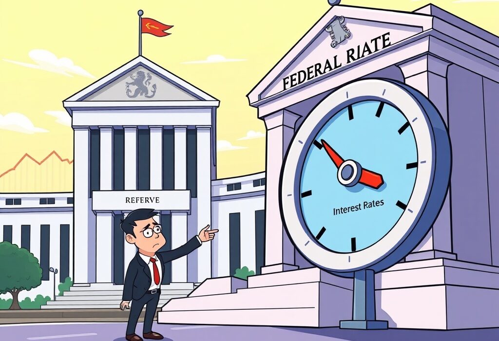 A cartoon illustration showing a Federal Reserve building and an advisor pointing to a dial indicating larger Fed rate cuts, conveying economic anticipation.