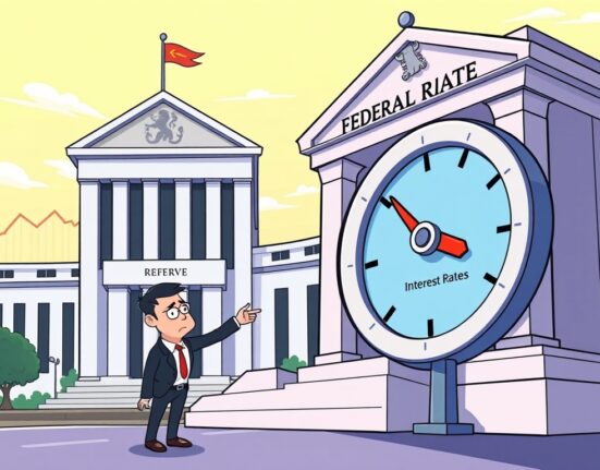 A cartoon illustration showing a Federal Reserve building and an advisor pointing to a dial indicating larger Fed rate cuts, conveying economic anticipation.