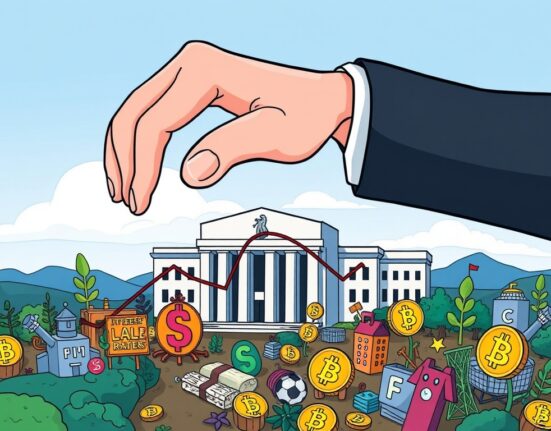 A cartoon illustrating the Federal Reserve's influence on economic trends, highlighting the impact of anticipated Fed rate cuts.