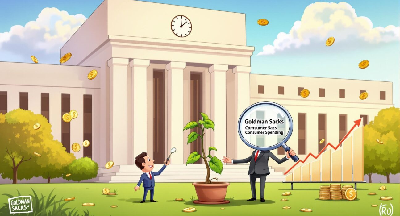 A cartoon illustration depicting Goldman Sachs observing signs for upcoming Fed rate cuts, indicating economic shifts.