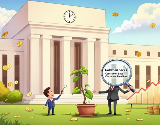 A cartoon illustration depicting Goldman Sachs observing signs for upcoming Fed rate cuts, indicating economic shifts.