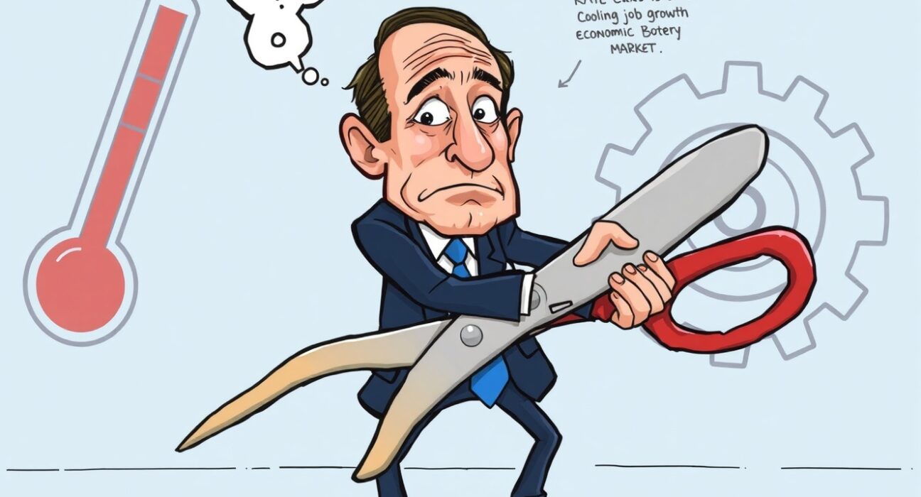 A cartoon illustration of Chicago Fed President Goolsbee cautiously holding back potential **Fed rate cuts** amidst a cooling job market.