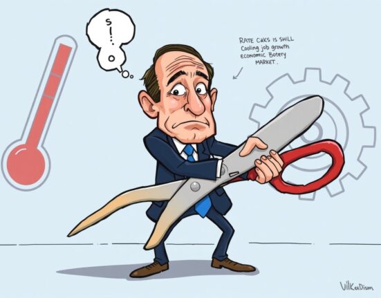 A cartoon illustration of Chicago Fed President Goolsbee cautiously holding back potential **Fed rate cuts** amidst a cooling job market.