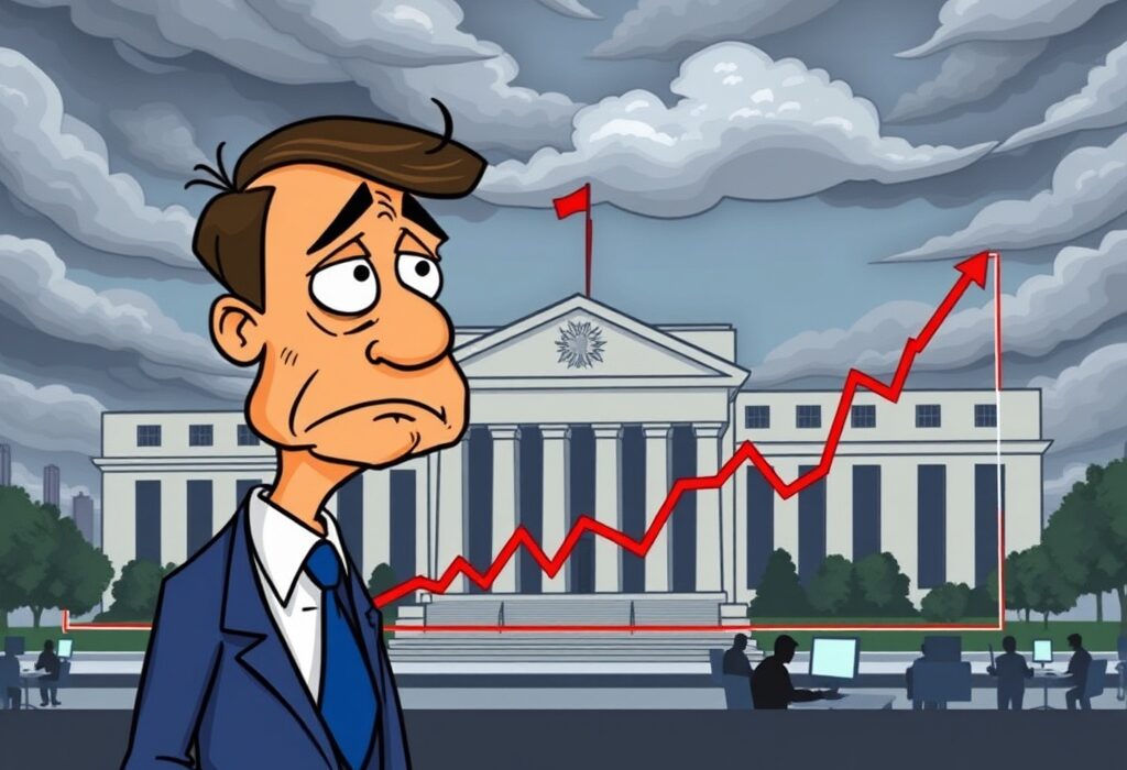 A cartoon illustration symbolizing the uncertainty around Fed rate cuts, showing market participants reacting to economic data.