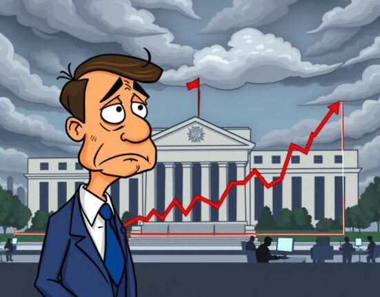 A cartoon illustration symbolizing the uncertainty around Fed rate cuts, showing market participants reacting to economic data.