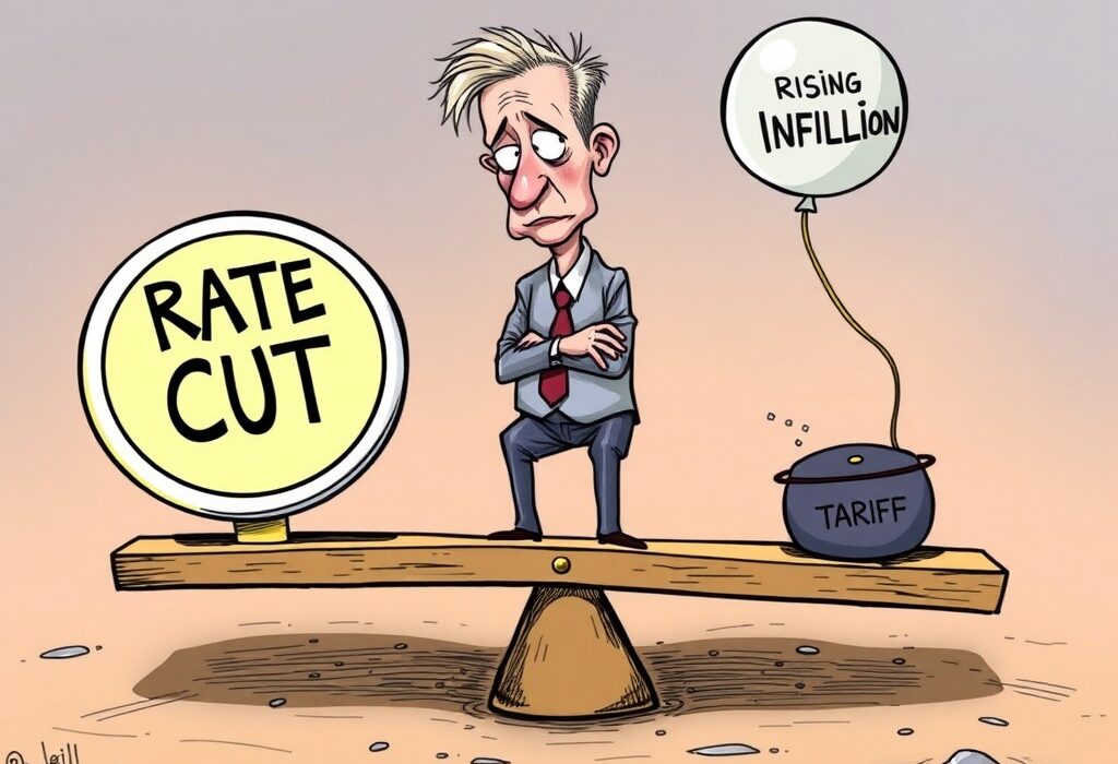 A cartoon illustration symbolizing the delicate balance of Fed rate cuts amidst rising inflation and the potential impact of tariffs on the economy.