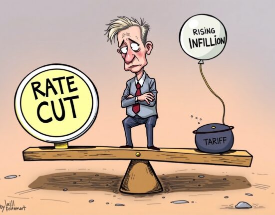 A cartoon illustration symbolizing the delicate balance of Fed rate cuts amidst rising inflation and the potential impact of tariffs on the economy.