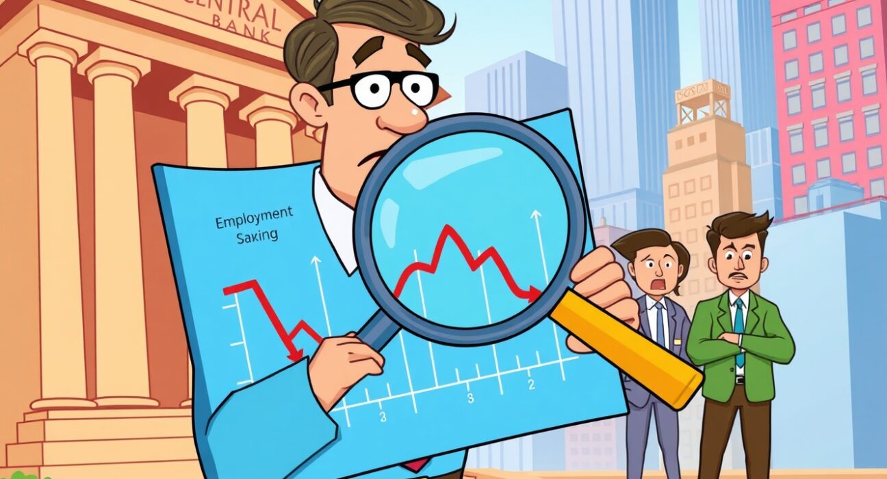 Cartoon illustration showing Federal Reserve policy decisions depending on labor market weakness and employment data analysis