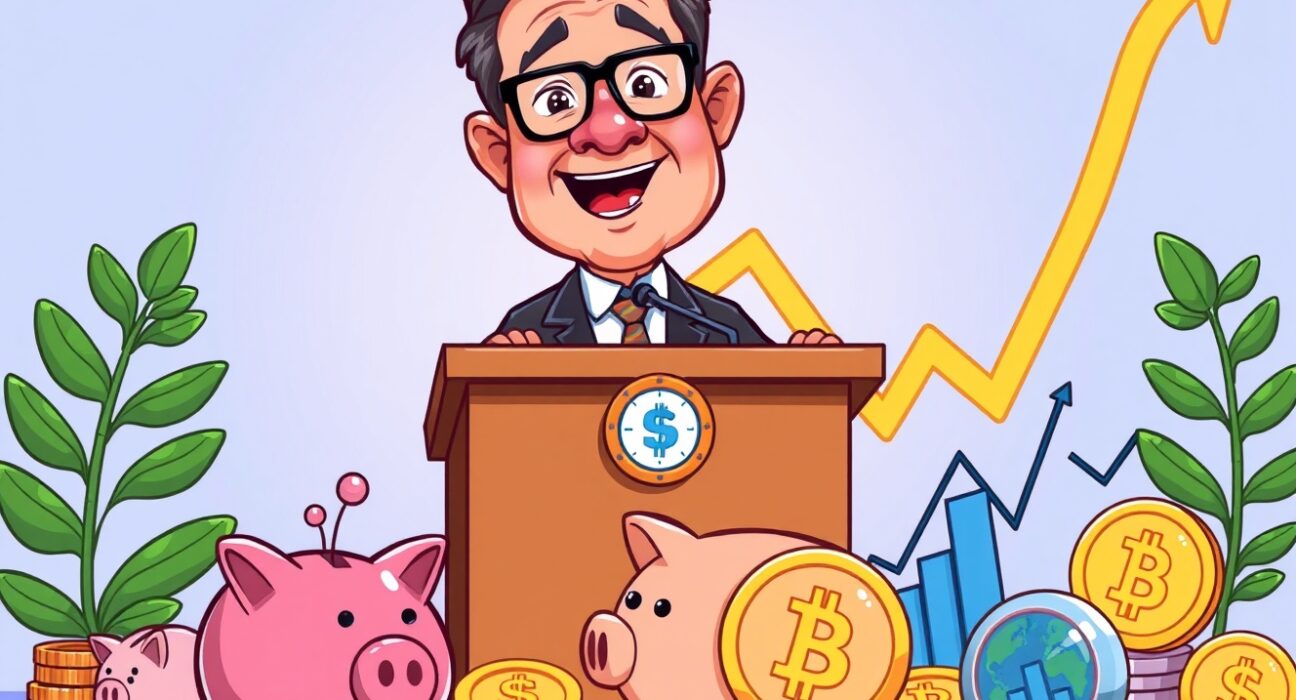 A cartoon depiction of a central banker lowering interest rates, signaling upcoming Fed rate cuts and potential economic growth.