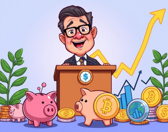 A cartoon depiction of a central banker lowering interest rates, signaling upcoming Fed rate cuts and potential economic growth.