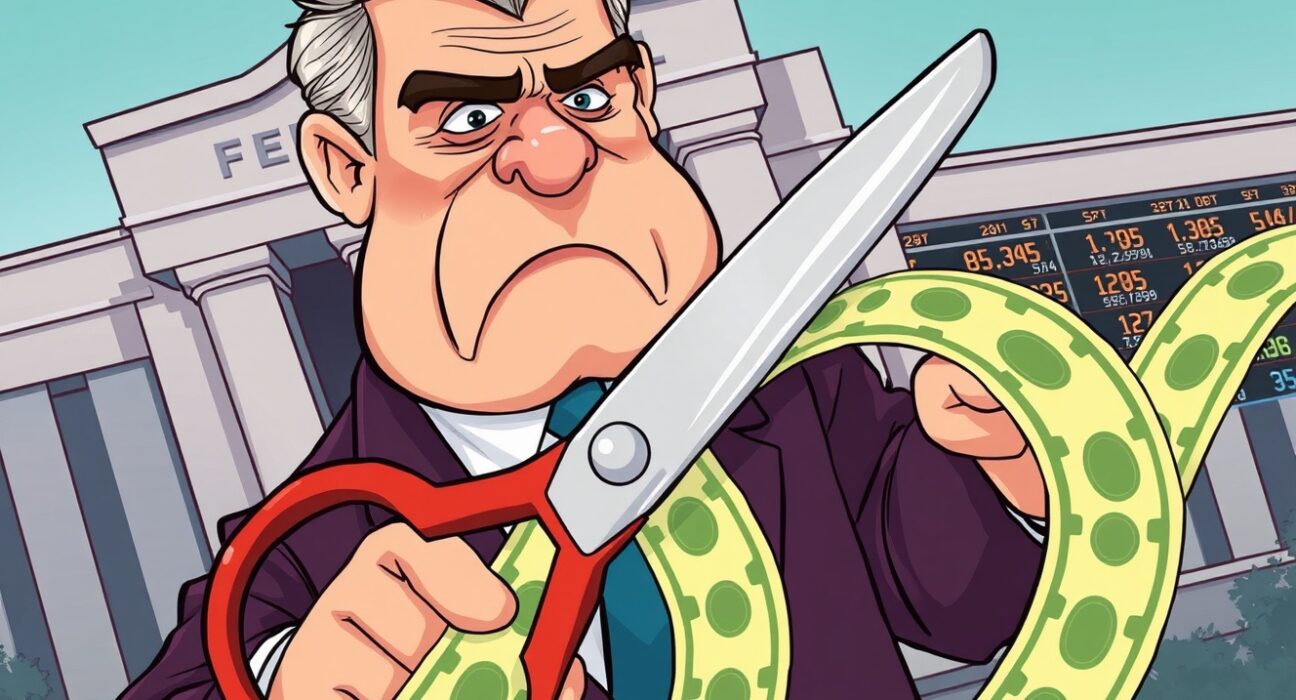 A cartoon illustrating the Federal Reserve's decision-making process for future Fed rate cuts.