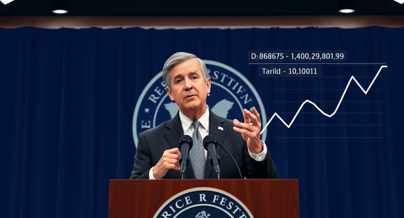 Federal Reserve Chairman Jerome Powell speaking at a press conference, delaying Fed rate cuts until tariff impact and energy prices are assessed.