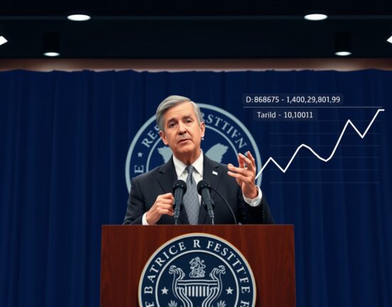 Federal Reserve Chairman Jerome Powell speaking at a press conference, delaying Fed rate cuts until tariff impact and energy prices are assessed.