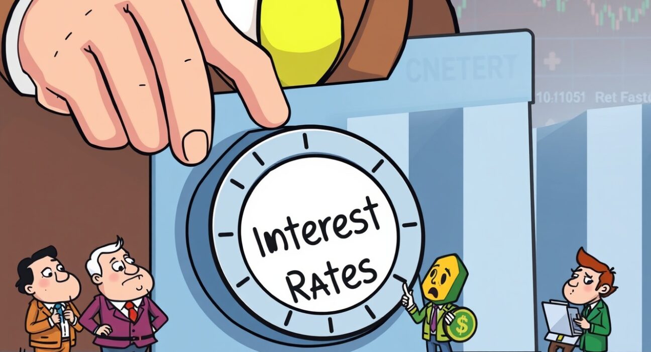 Cartoon illustration of the Federal Reserve influencing interest rates, highlighting the anticipation around potential Fed rate cuts and their market impact.