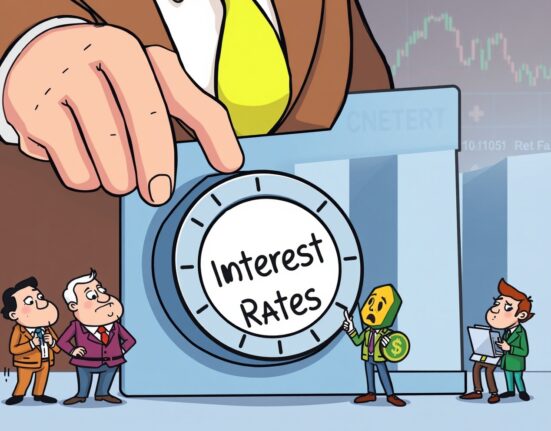 Cartoon illustration of the Federal Reserve influencing interest rates, highlighting the anticipation around potential Fed rate cuts and their market impact.
