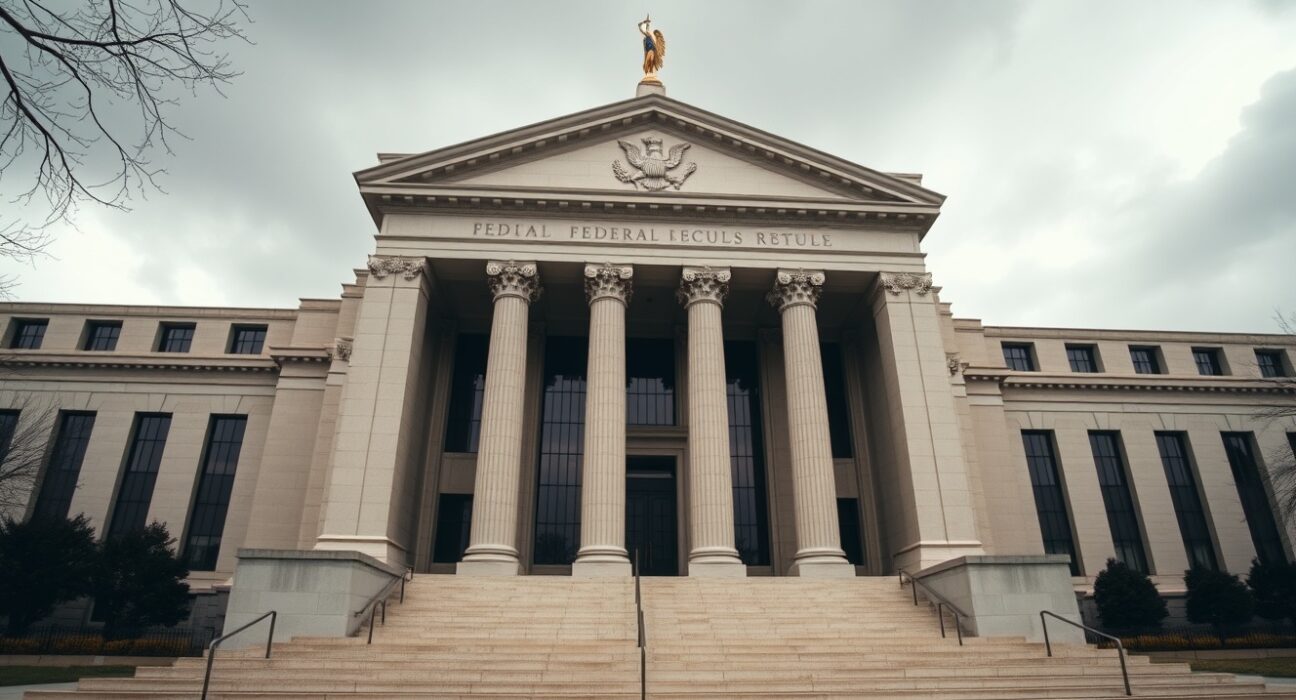Federal Reserve building in Washington, D.C. under cloudy sky symbolizing delayed rate cuts and rising risks