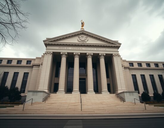 Federal Reserve building in Washington, D.C. under cloudy sky symbolizing delayed rate cuts and rising risks