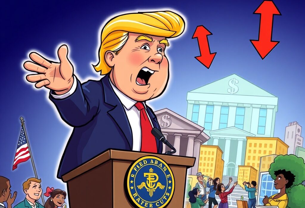 Cartoon illustration of Donald Trump gesturing towards a vibrant economy, with central bank symbols in the background, symbolizing his call for Fed Rate Cuts to stimulate economic growth.