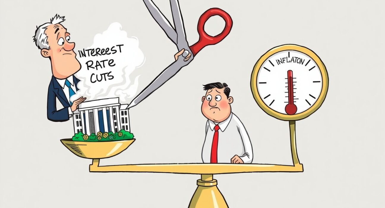A cartoon illustration symbolizing the delicate balance of Fed rate cuts to prevent economic overheating.