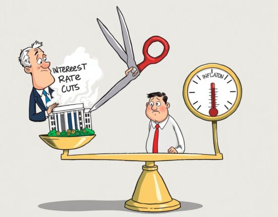 A cartoon illustration symbolizing the delicate balance of Fed rate cuts to prevent economic overheating.
