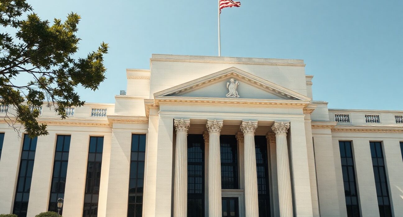 Federal Reserve building in Washington, D.C., on a sunny day.