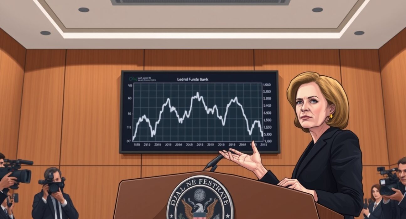 Fed's Lorie Logan speaks at a press conference with a rate chart behind her, signaling a potential Fed rate decision for a cut or hike.