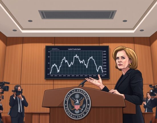 Fed's Lorie Logan speaks at a press conference with a rate chart behind her, signaling a potential Fed rate decision for a cut or hike.