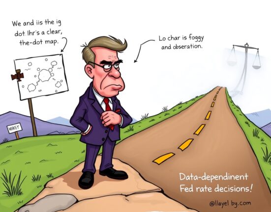 A cartoon illustration showing a central banker contemplating crucial Fed rate decisions, emphasizing data dependency over a fixed plan.