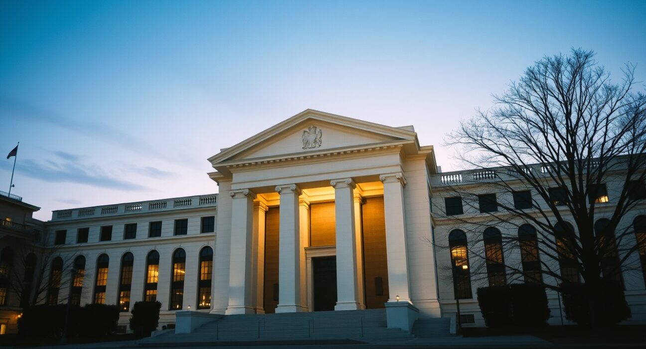 The Federal Reserve building representing the central bank's expected prolonged interest rate freeze through 2026.