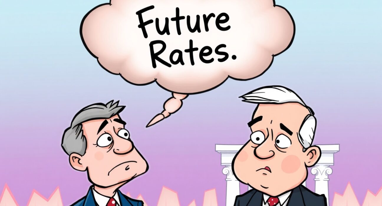 A cartoon illustration depicting the U.S. Treasury Secretary's surprise over the unclear Fed rate guidance from Jerome Powell.