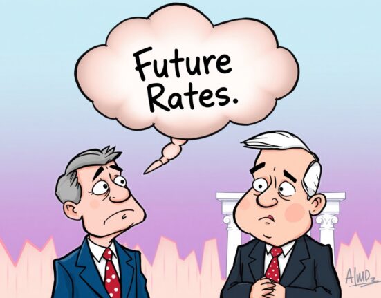 A cartoon illustration depicting the U.S. Treasury Secretary's surprise over the unclear Fed rate guidance from Jerome Powell.