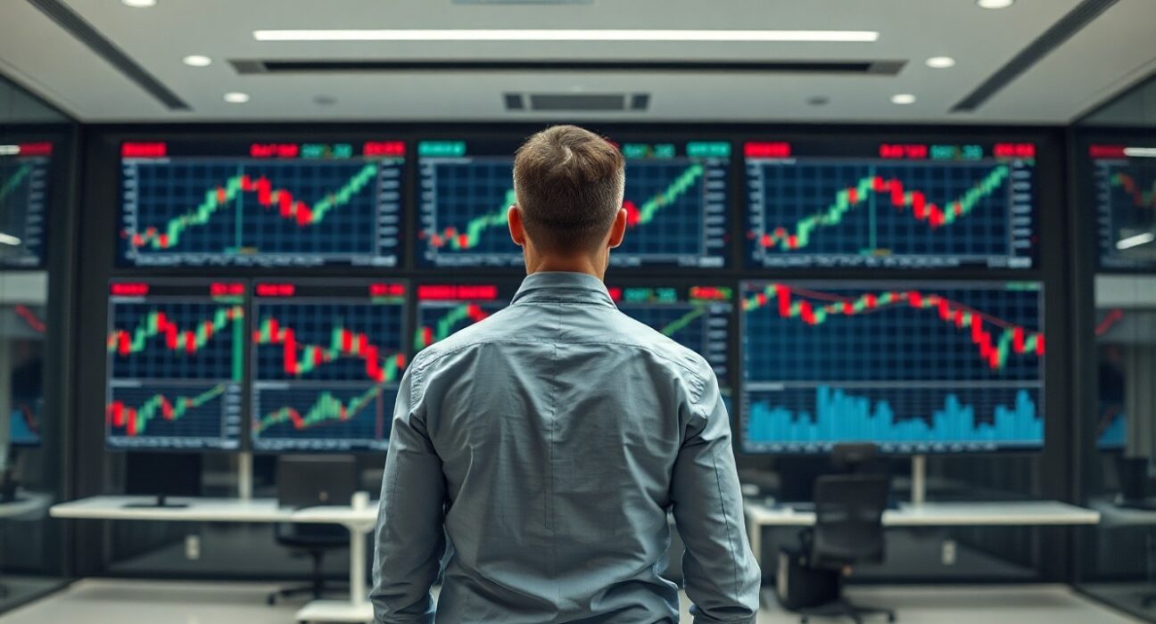 Trader analyzing financial charts with dollar symbol on screen