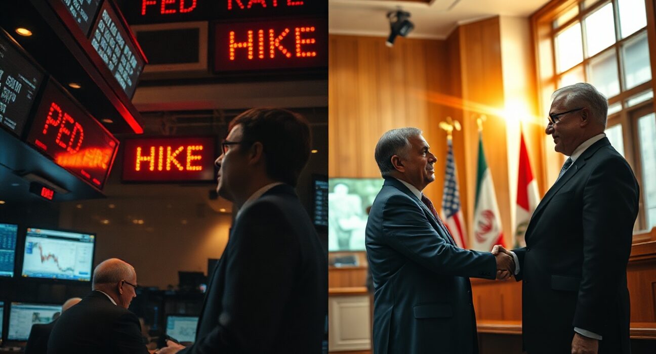 Split scene of tense trading floor and diplomatic handshake representing bond market divergence