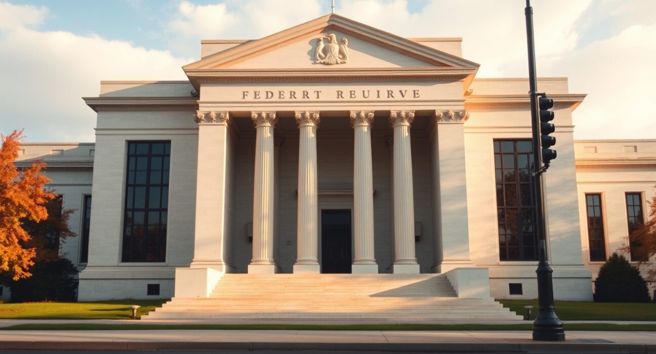 Exterior of the Federal Reserve building in Washington, D.C., on a partly cloudy autumn day.