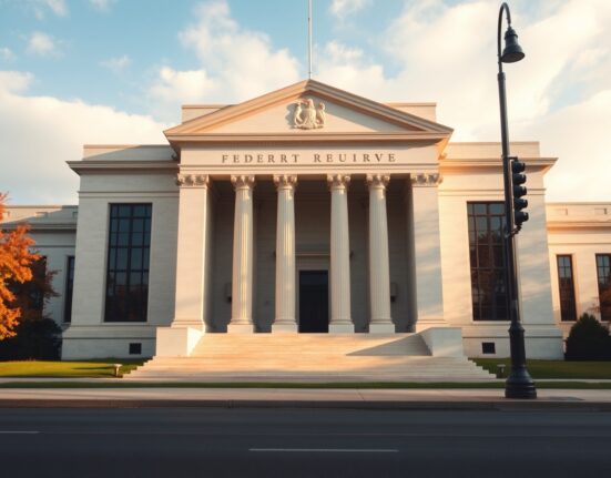 Exterior of the Federal Reserve building in Washington, D.C., on a partly cloudy autumn day.
