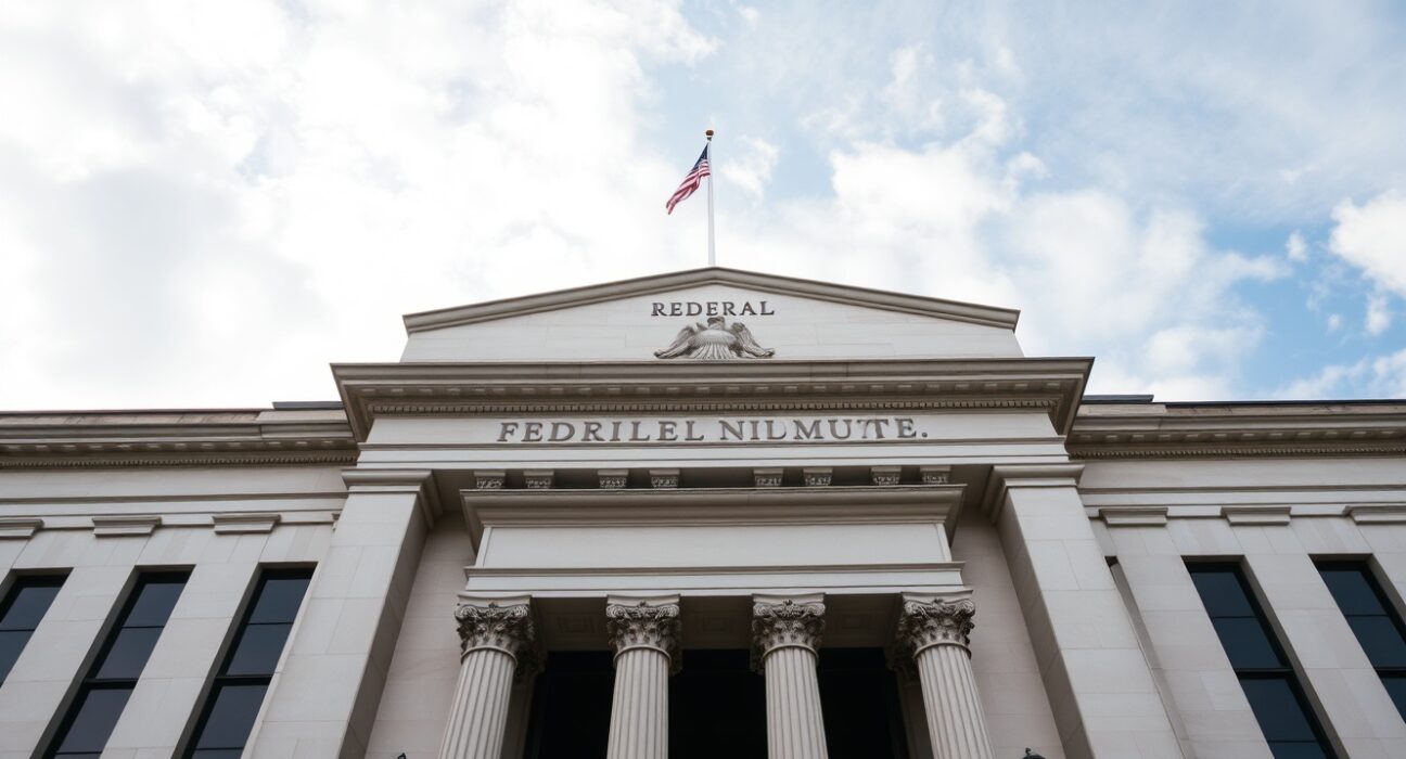 Federal Reserve building in Washington, D.C., under cloudy sky, representing monetary policy uncertainty.
